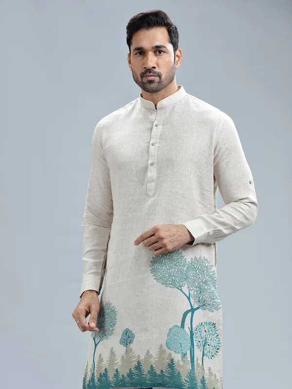 Newest beige linen printed kurta suit