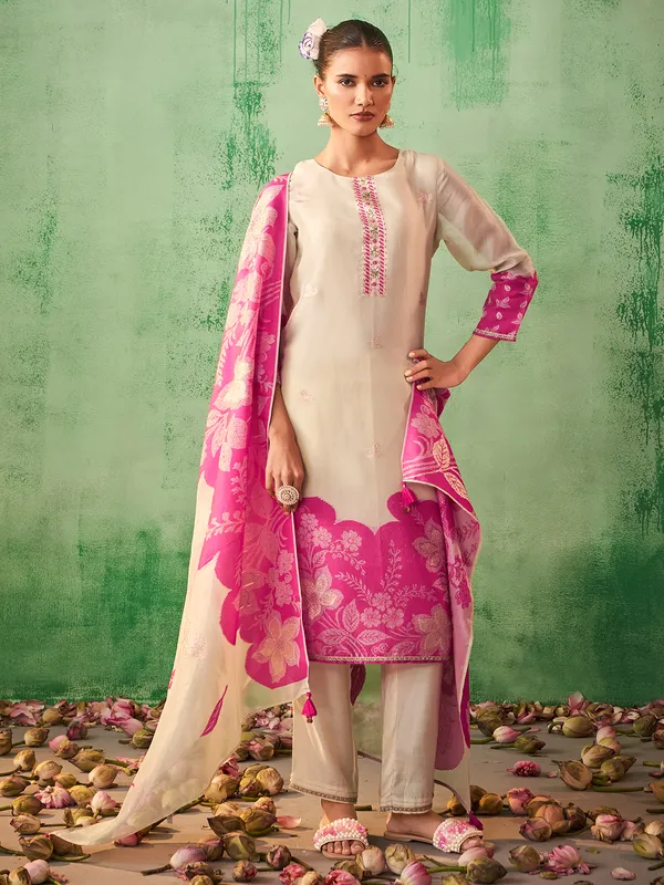 Newest beige printed silk kurti set
