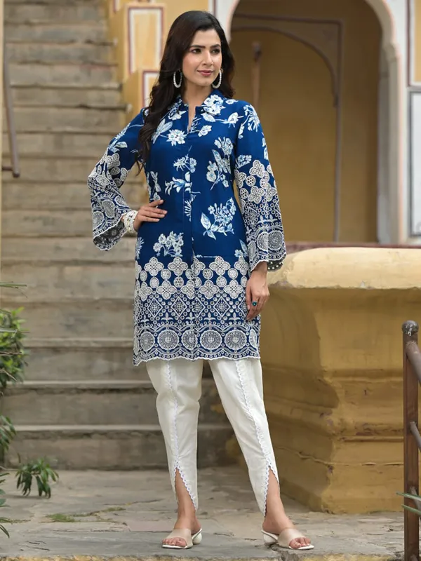 Newest blue silk printed kurti set