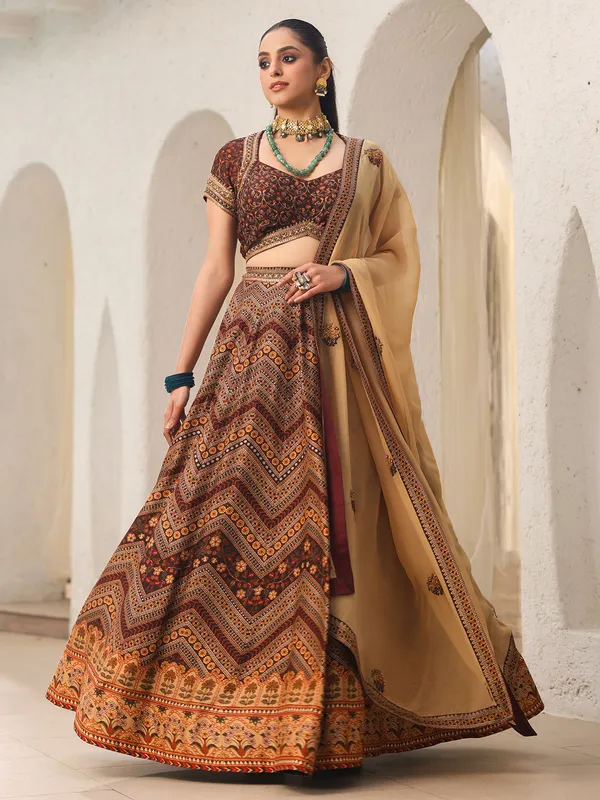 Newest brown raw silk printed lehenga choli