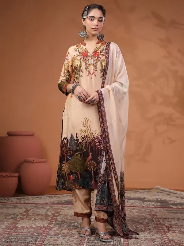 Newest cream silk printed kurti set