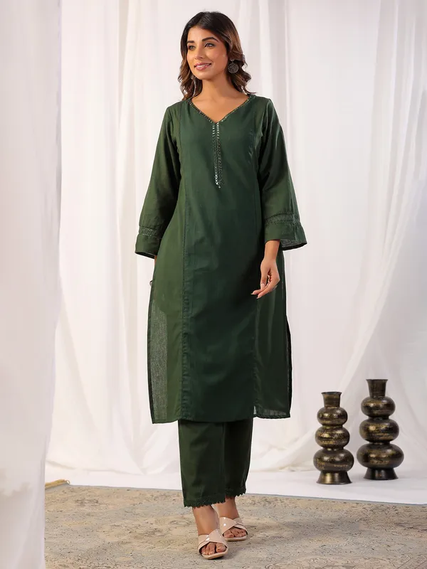 Newest dark green cotton kurti set