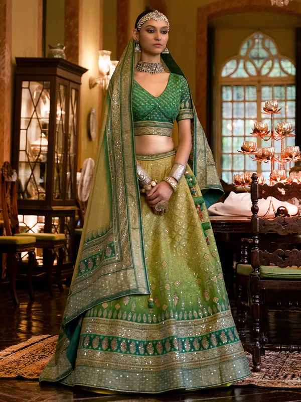 Newest green silk printed lehenga choli