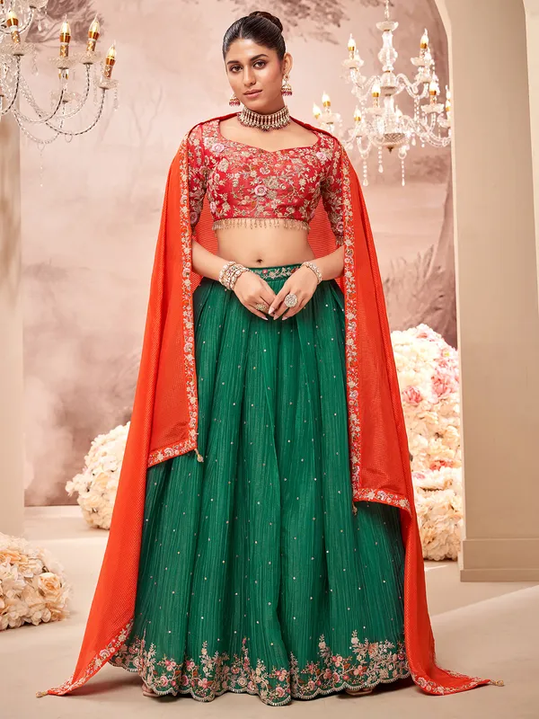 Newest green silk unstitched lehenga choli