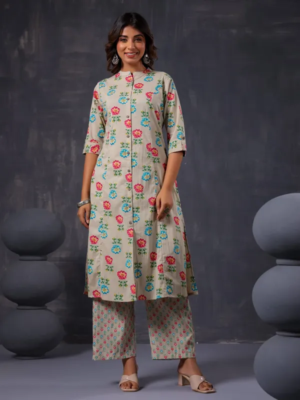 Newest grey floral printed kurti with pant