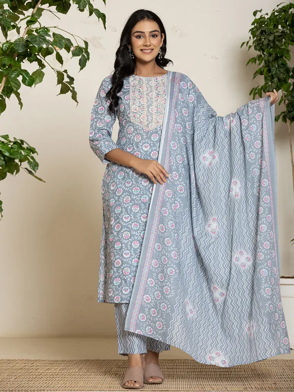 Newest grey printed georgette kurti set