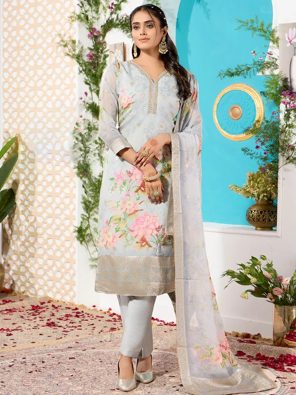 Newest grey silk printed salwar suit