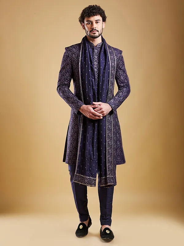 Newest groom style navy blue raw silk sherwani