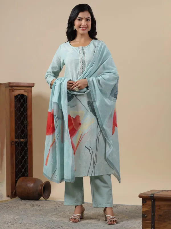 Newest light blue cotton kurti set