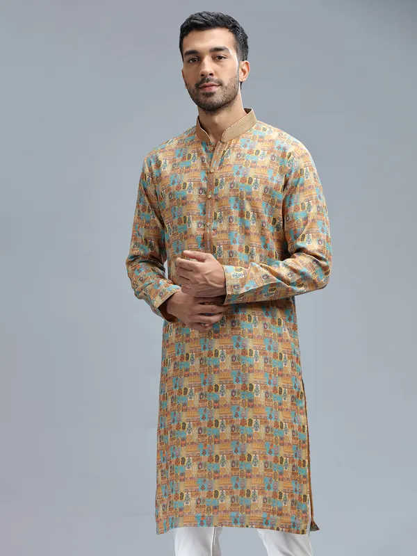 Newest light brown printed silk kurta set for men