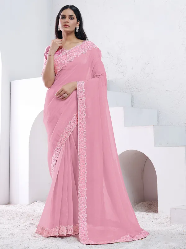 Newest light pink crepe saree