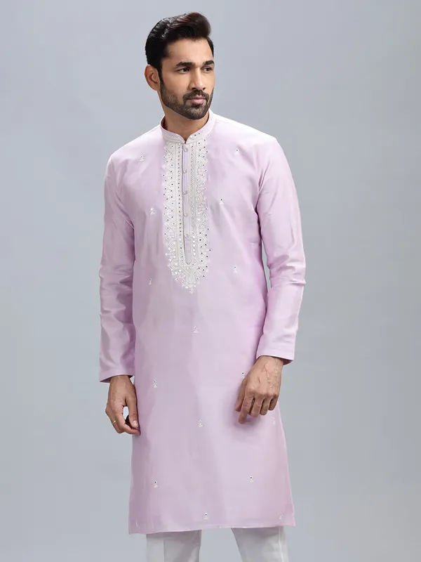 Newest lilac cotton silk kurta set for men
