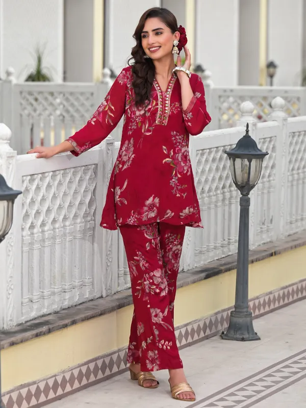 Newest maroon printed silk kurti set