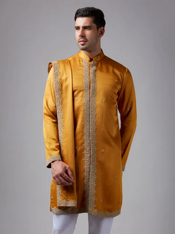 Newest mustard yellow silk  Men Kurta pajama