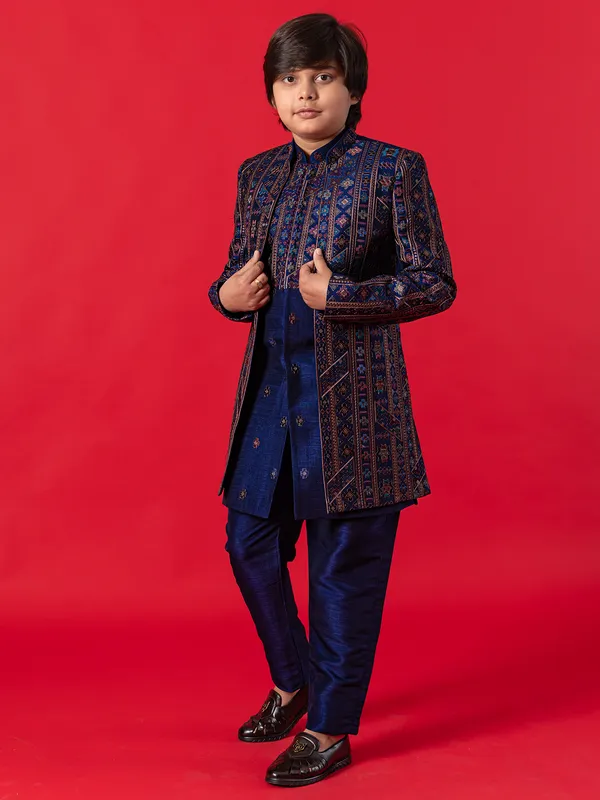 Newest navy blue Indowestern with colorful embroidery
