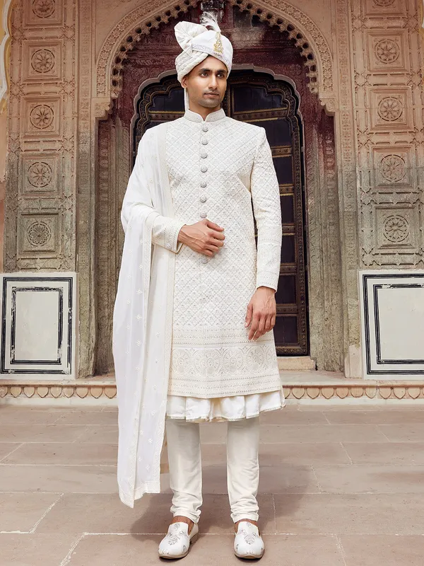 Newest off white raw silk sherwani for wedding
