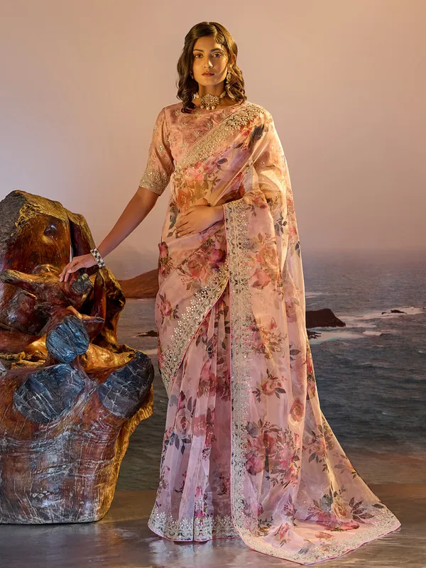 Newest peach printed tissue silk saree