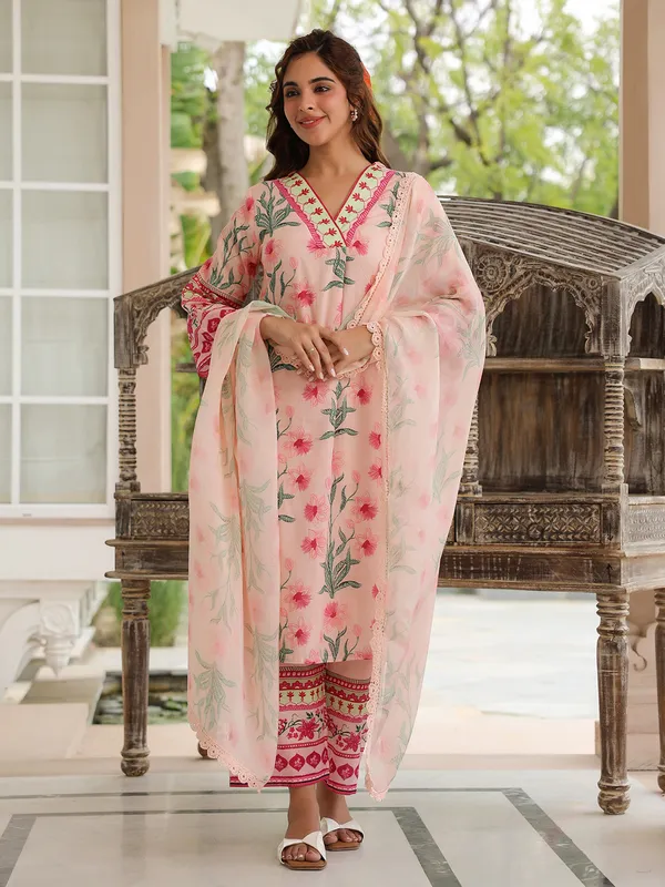 Newest pink printed cotton kurti set