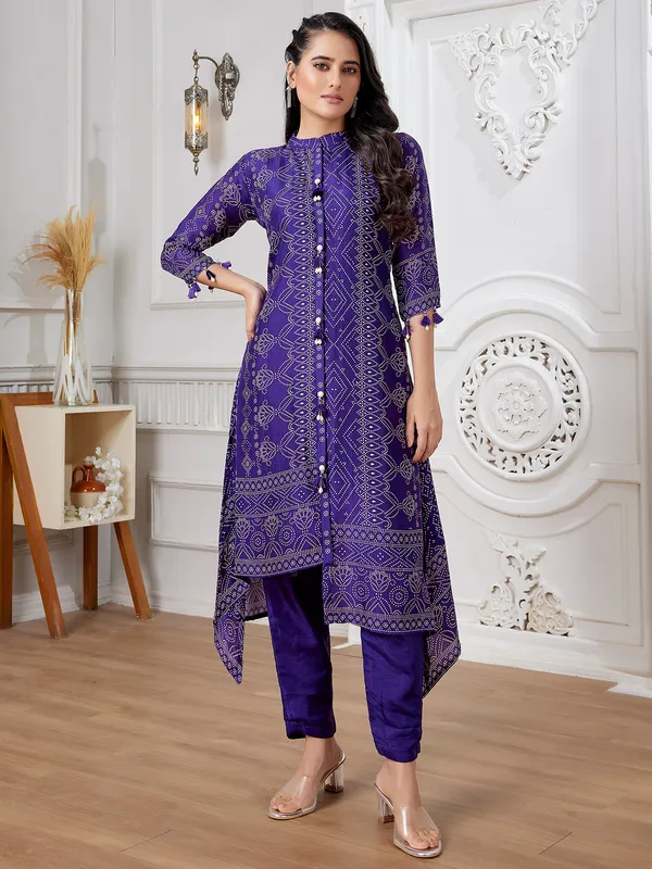 Newest purple russian silk printed kurti set