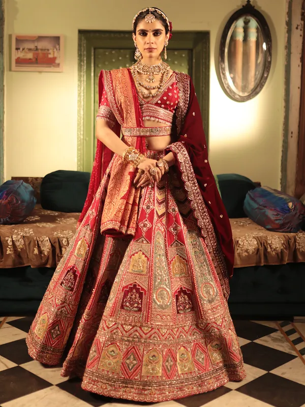 Newest red lehenga choli for bridal in raw silk