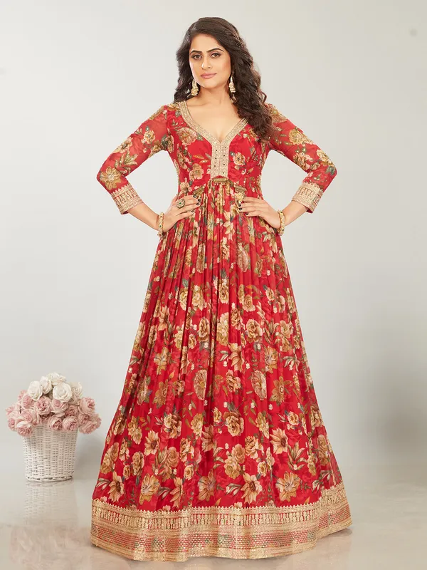 Newest red silk printed anarkali suit