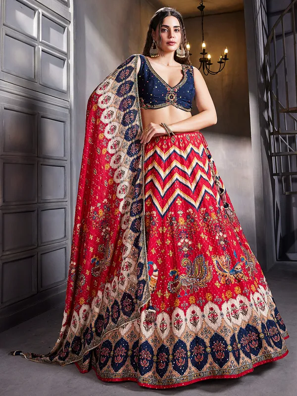 Newest red silk printed lehenga choli for wedding