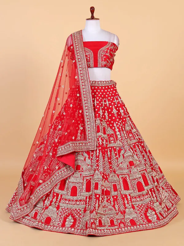 Newest red unstitched lehenga choli in raw silk