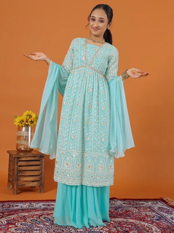 Newest sky blue georgette palazzo set