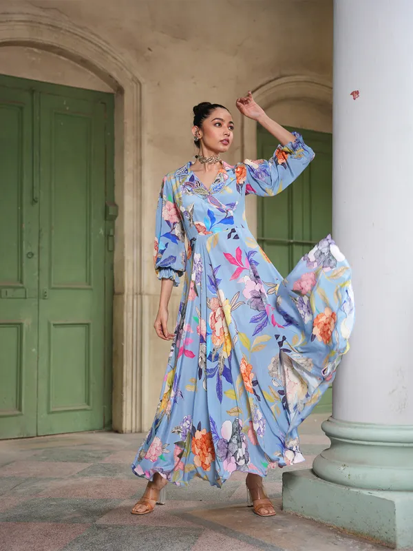 Newest sky blue printed long kurti