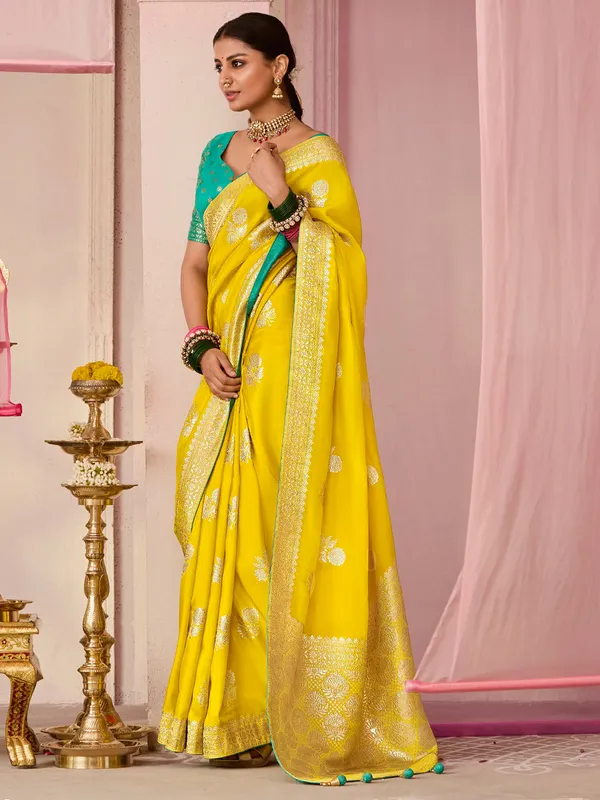 Newest yellow dola silk saree for wedding