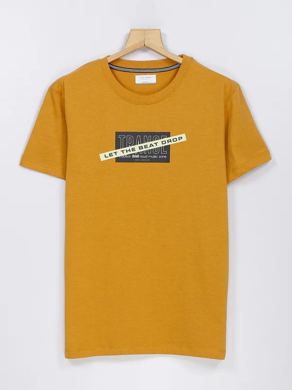 Octave mustard yellow cotton printed t shirt