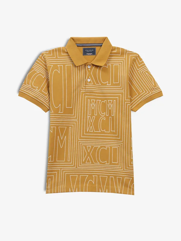 OCTAVE mustard yellow printed polo t-shirt