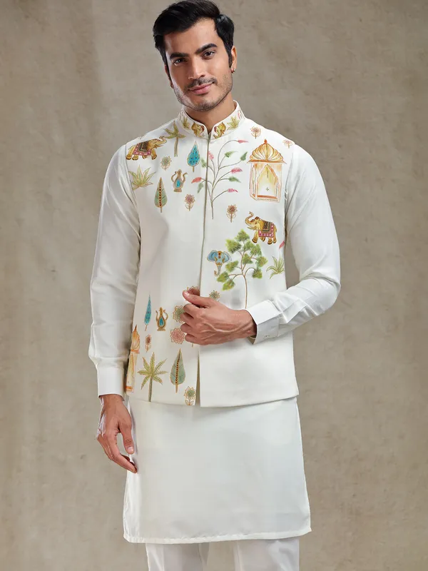 Off white ajrakh hand printed waistcoat set