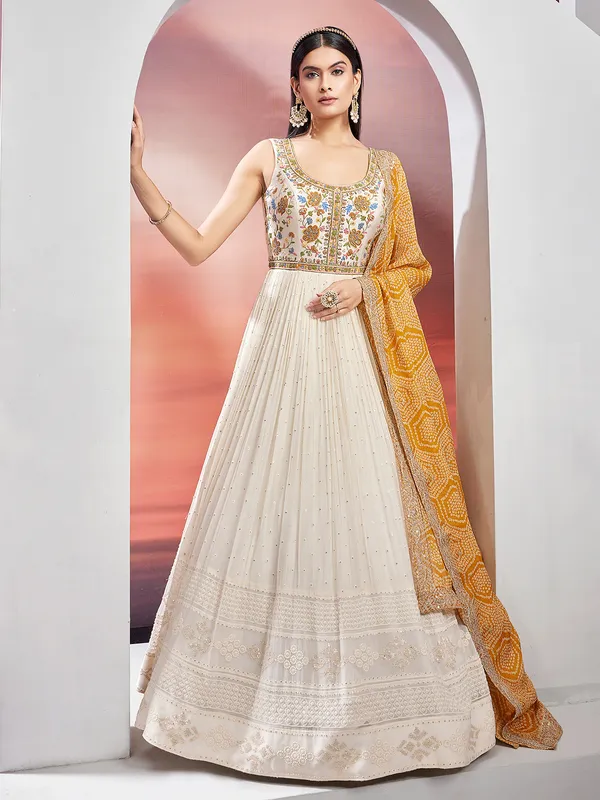 Off-white anarkali suit with printed dupatta