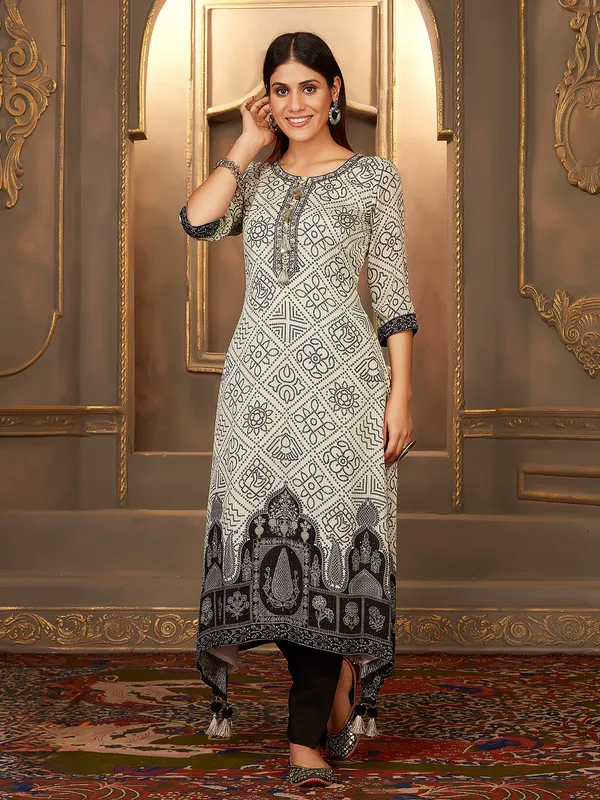 Off white and black printed a line kurti