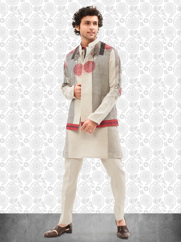Off white and black printed cotton waistcoat set for men