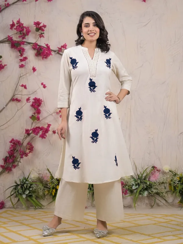 Off white and blue cotton silk kurti palazzo set