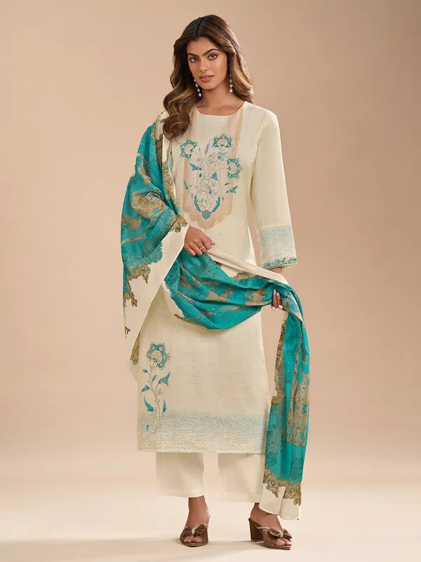 Off white and blue cotton silk salwar suit for festival
