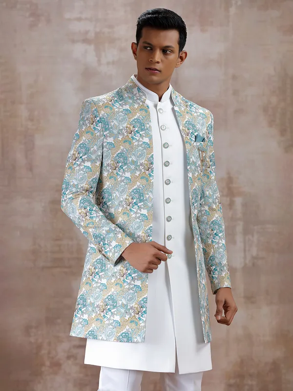 Off white and blue indo western with sequins work