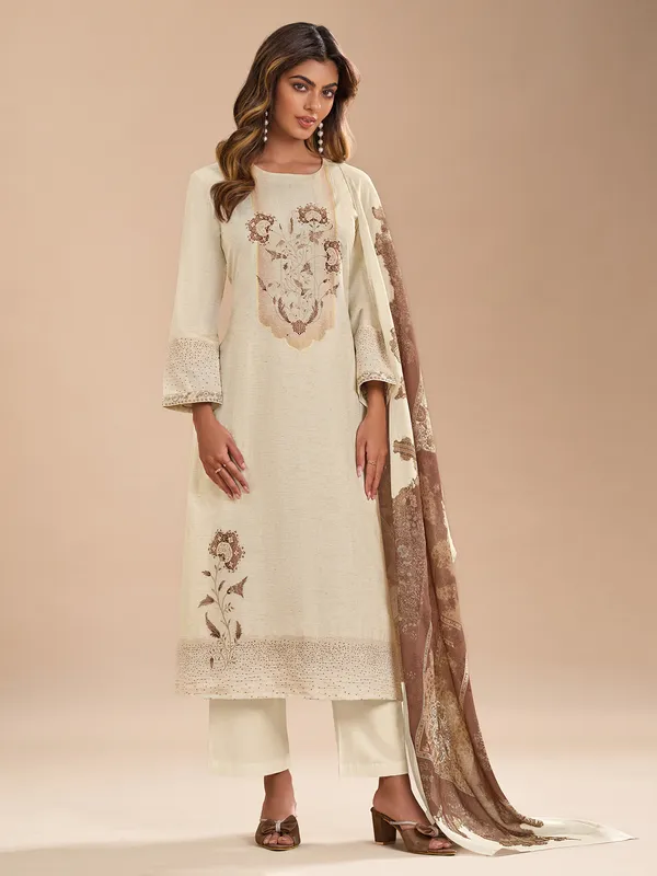 Off white and brown salwar suit in cotton silk
