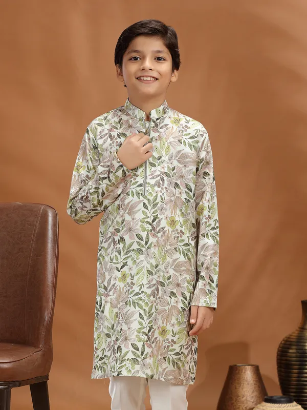 Off white and green cotton silk kurta suit