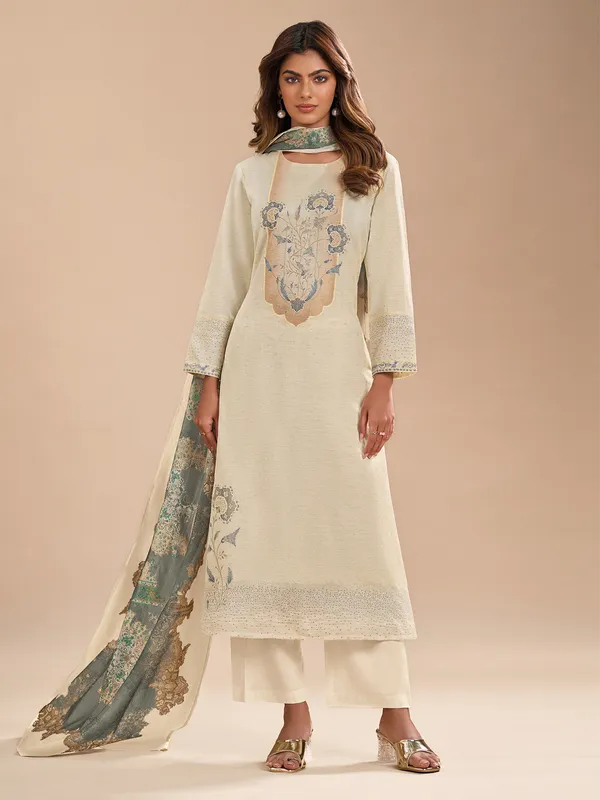 Off white and grey cotton silk salwar suit