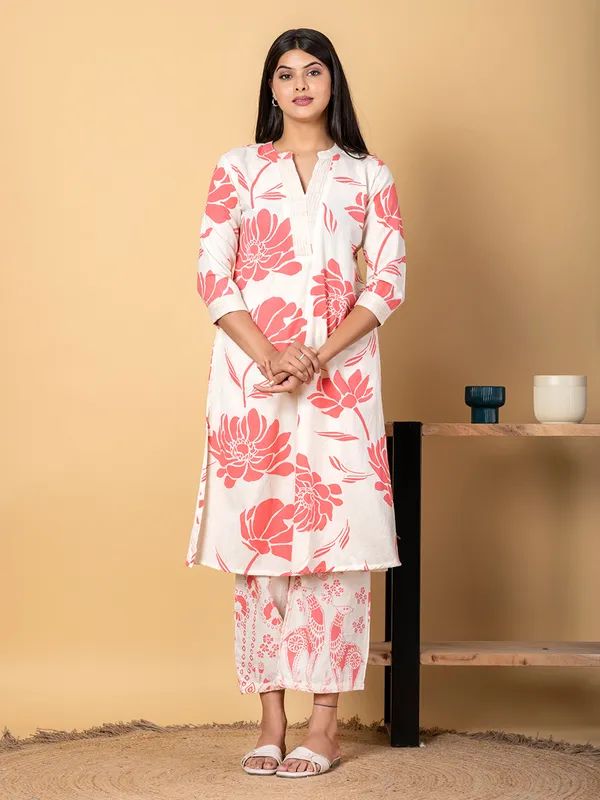 Off white and peach cotton silk printed kurti palazzo set
