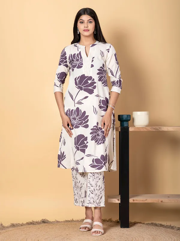 Off white and purple cotton silk kurti palazzo set