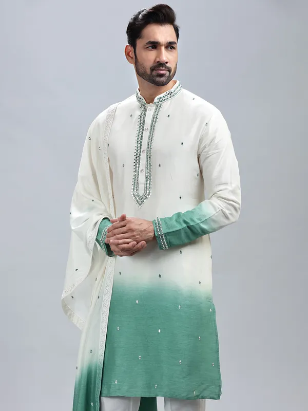 Off white and sea green ombre style kurta set with dupatta