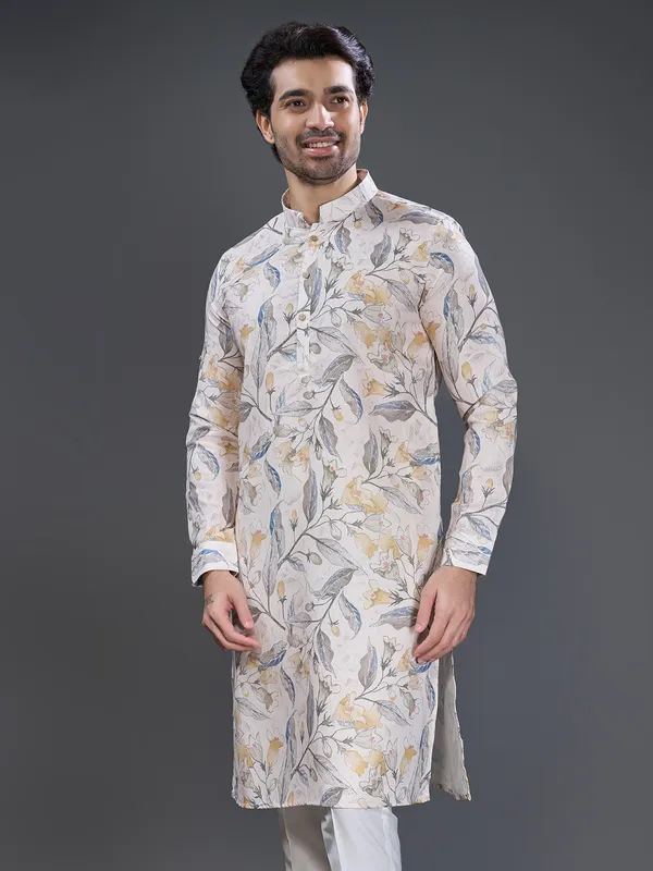Off white and yellow printed cotton kurta suit