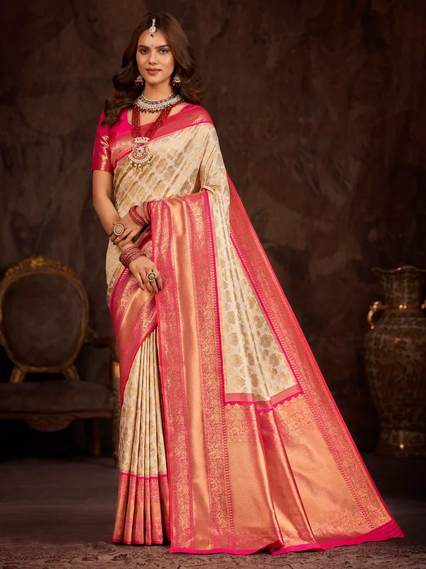 Off-white banarasi silk saree with zari weaving