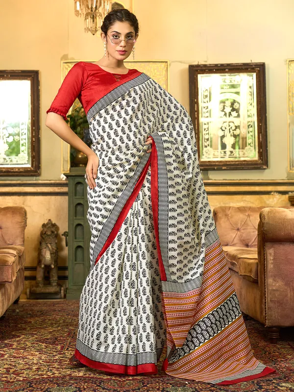 Off white bhagalpuri silk saree in printed