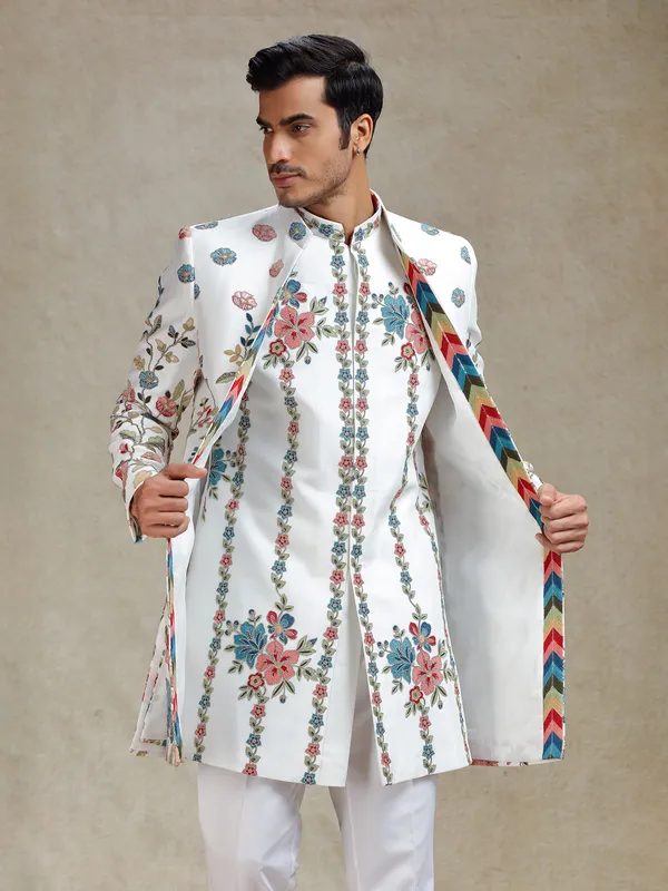 Off white colourful embroidery layered jacket indo western set