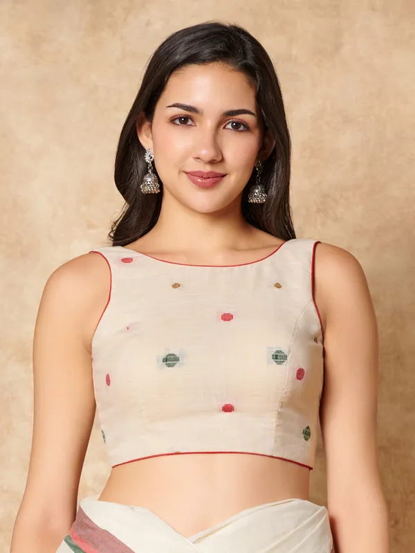 Off white cotton boat neck ready made blouse